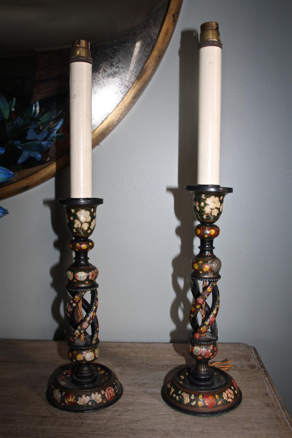 Near pair of Kashmiri candlesticks/lampbases