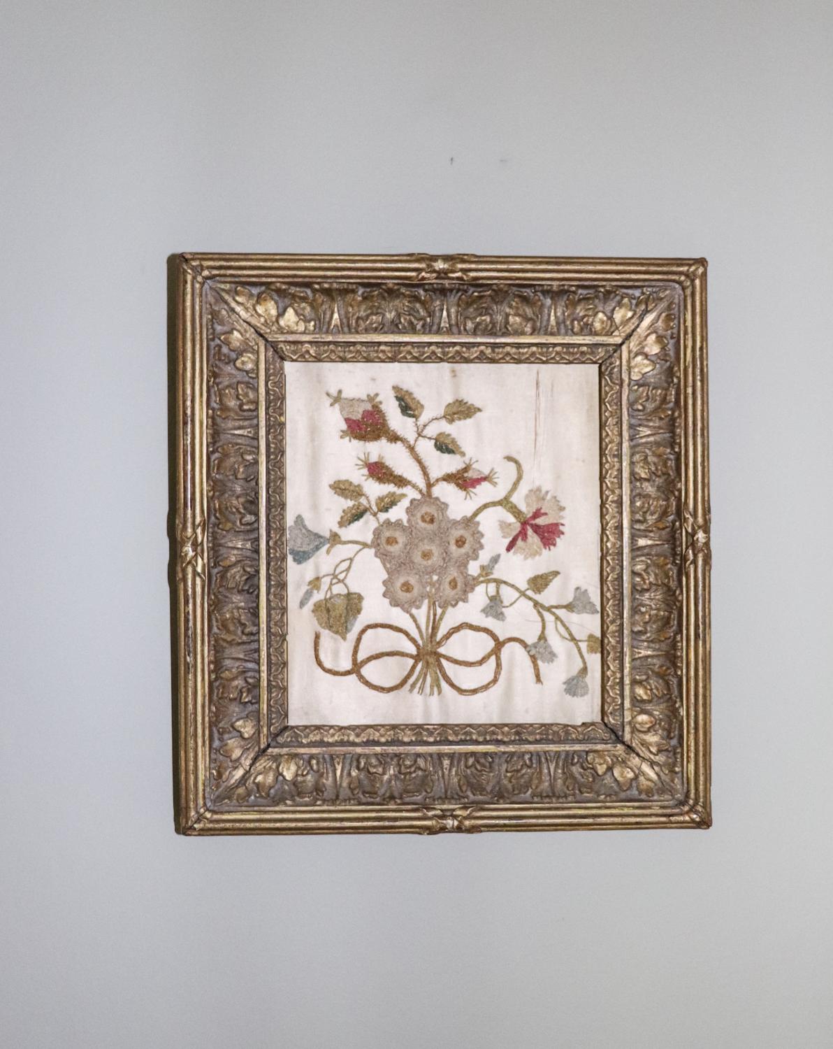 19th century framed floral silk embroidery