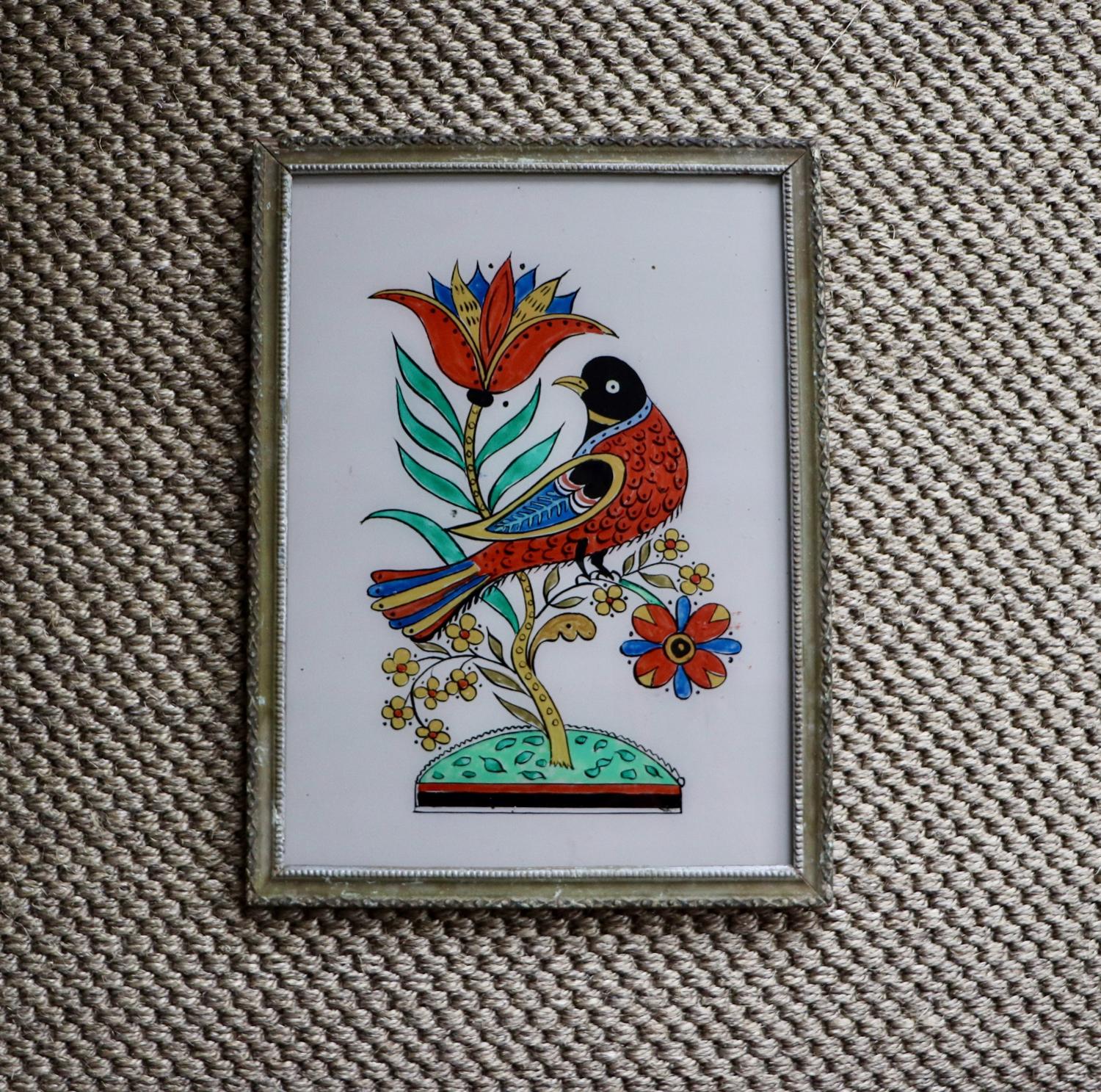 Reverse glass painted Indian picture of bird