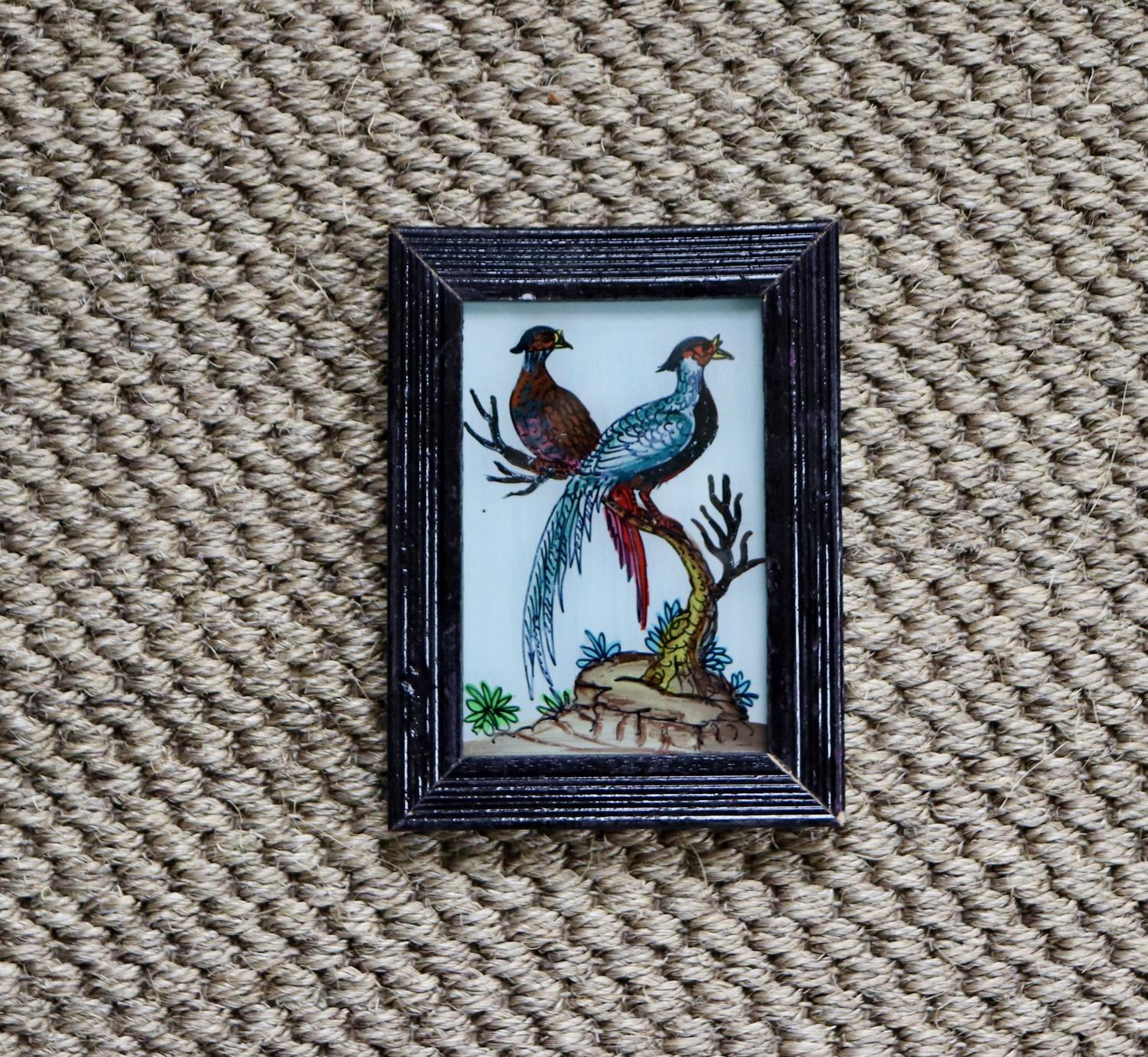 Reverse glass painted Indian pictures of bird and flowers