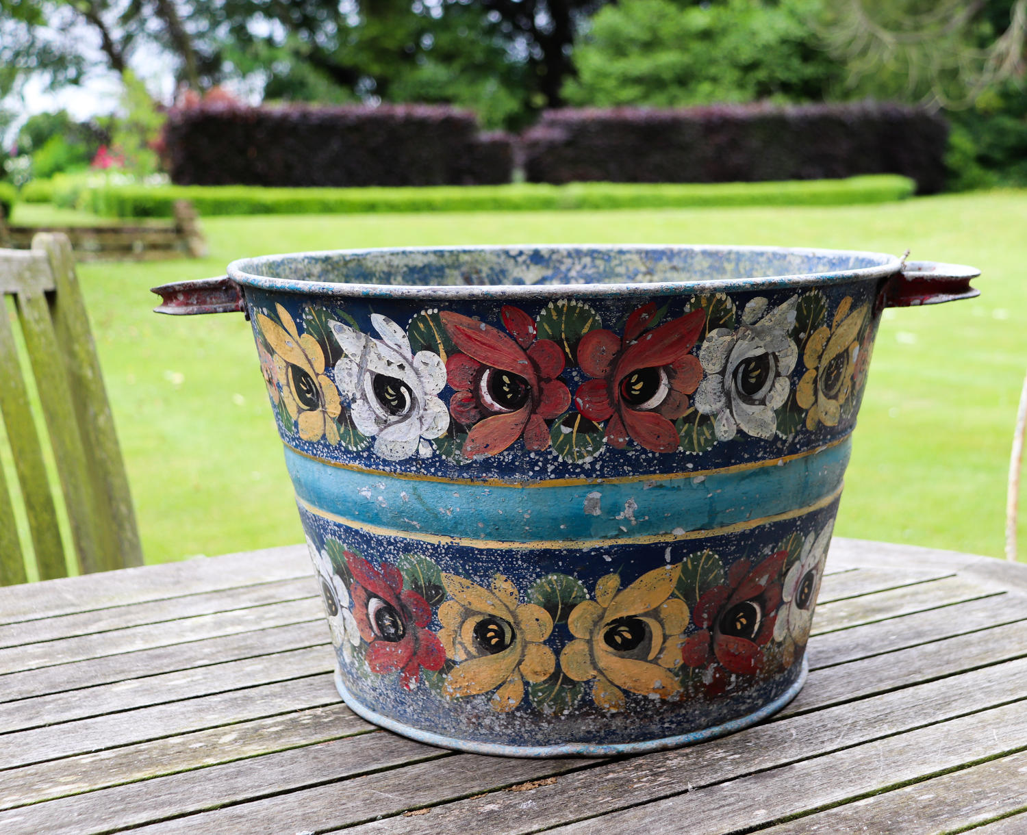 Galvanised tin planter with floral painting