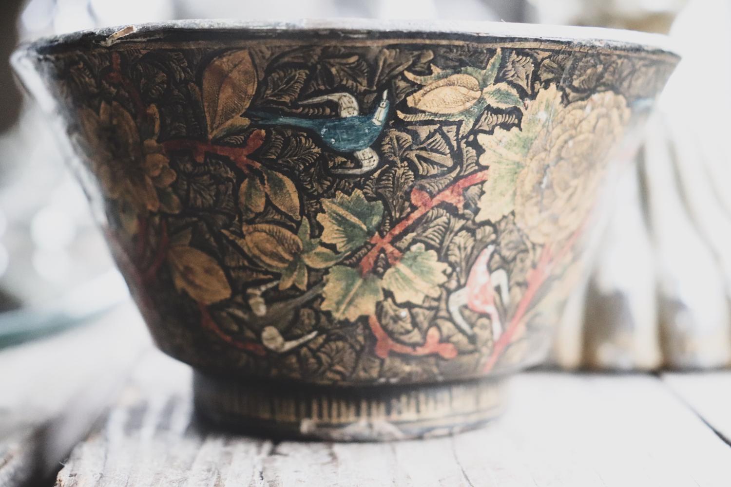 Kashmiri bowl decorated with birds and flowers