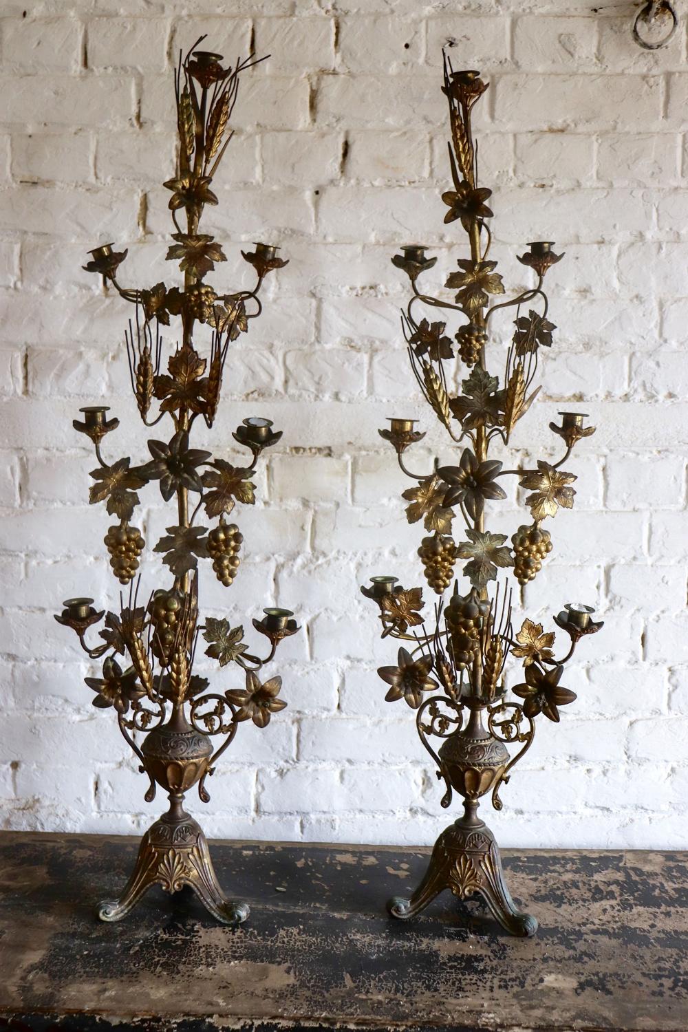 Pair of French floral gilt church candelabra