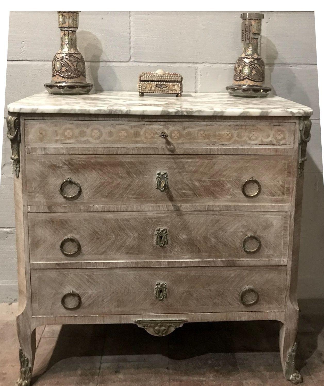 1930s bleached chest of drawers with marble top