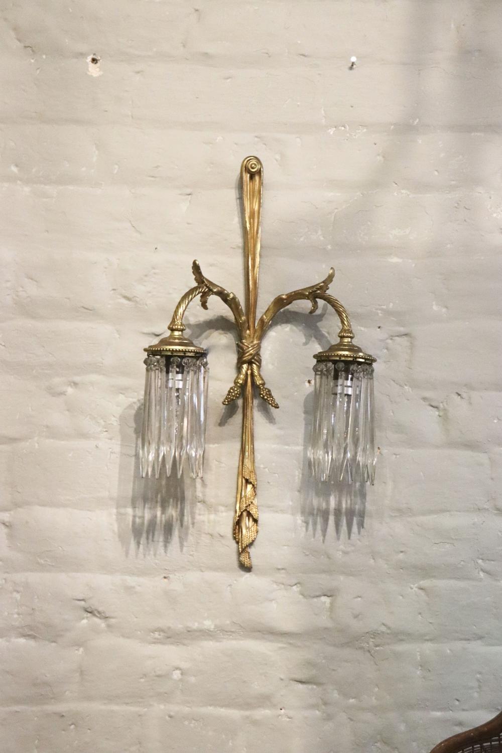 French brass and crystal wall lights c 1910