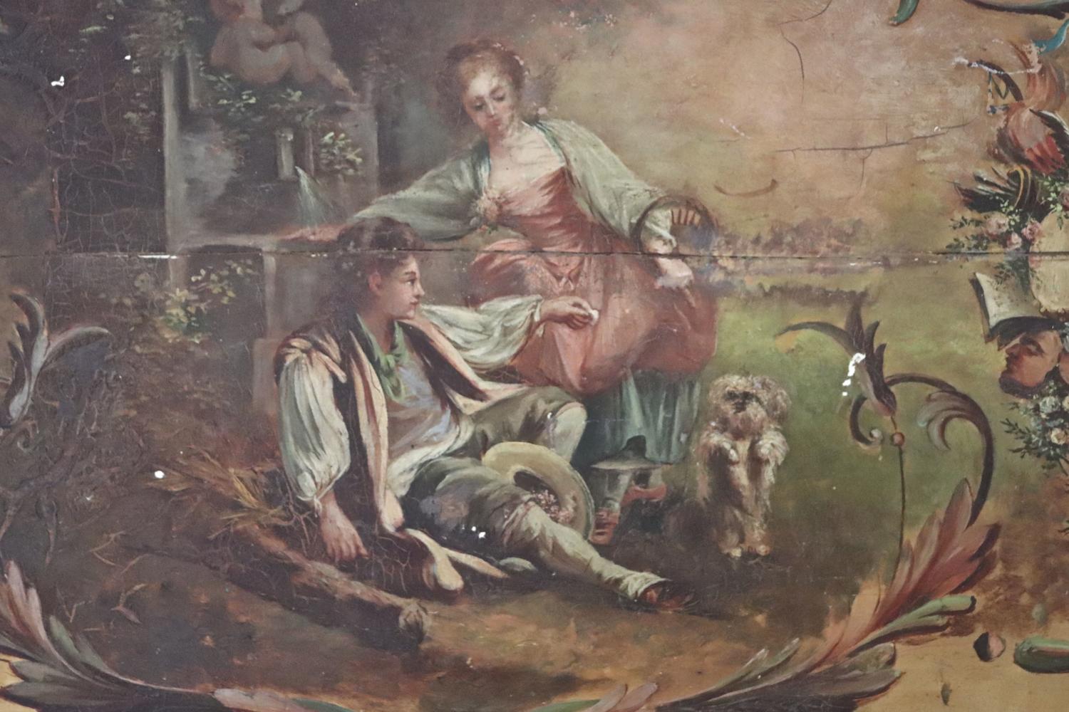 Painted wooden panel depicting a boy, girl and dog