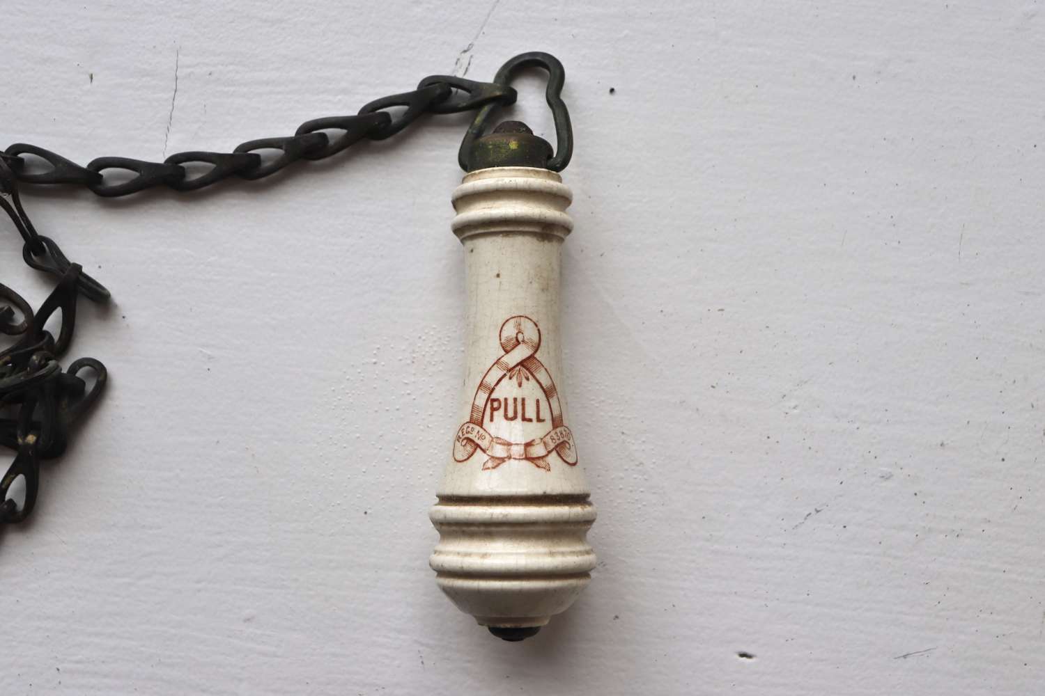 Victorian porcelain toilet 'pull' with chain and 'down'