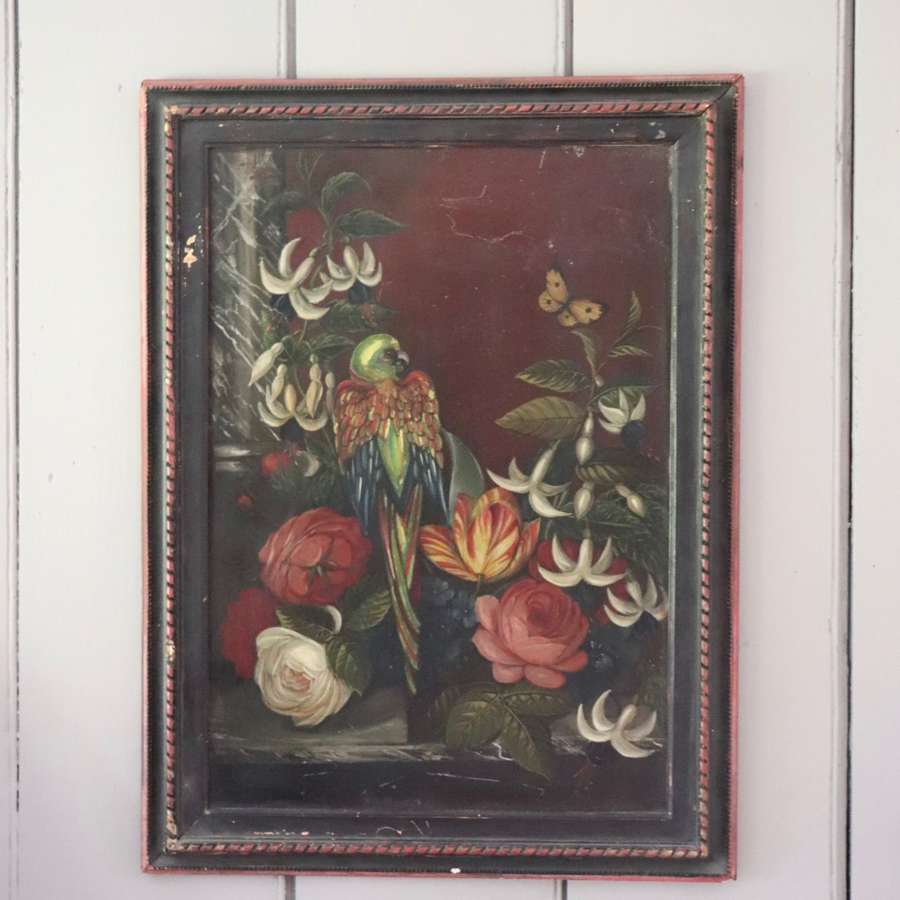 19th century framed oil of a parrot on tin