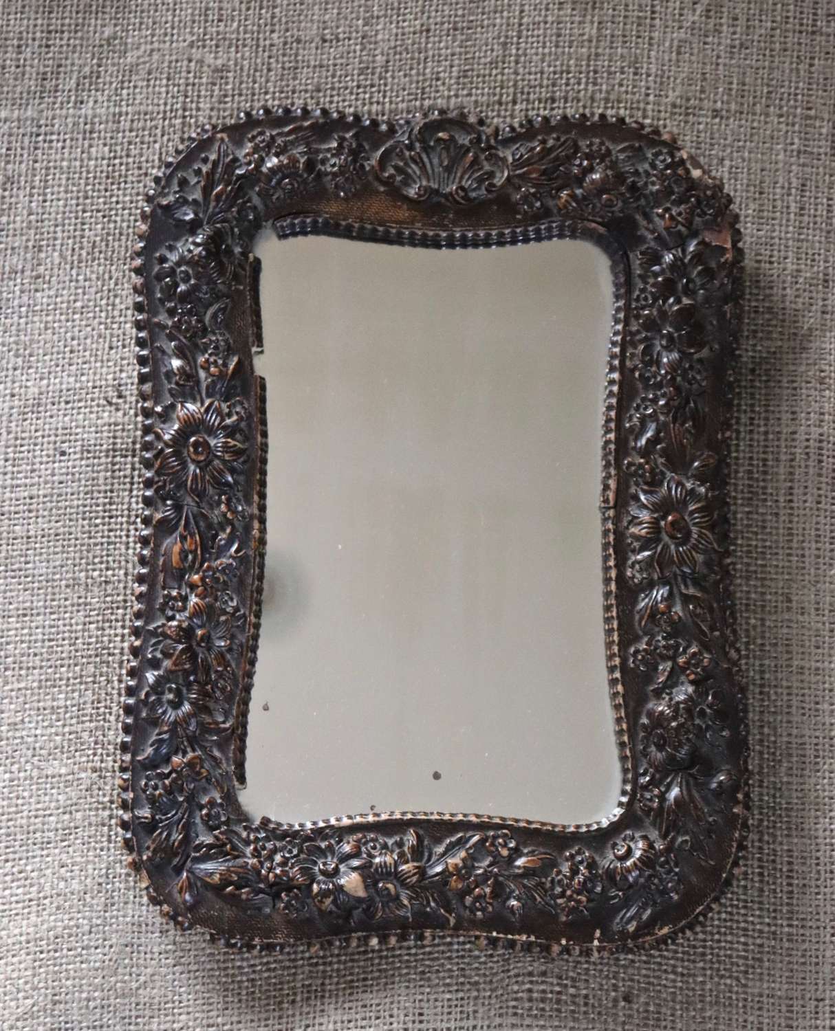 Small carved wooden dressing table mirror