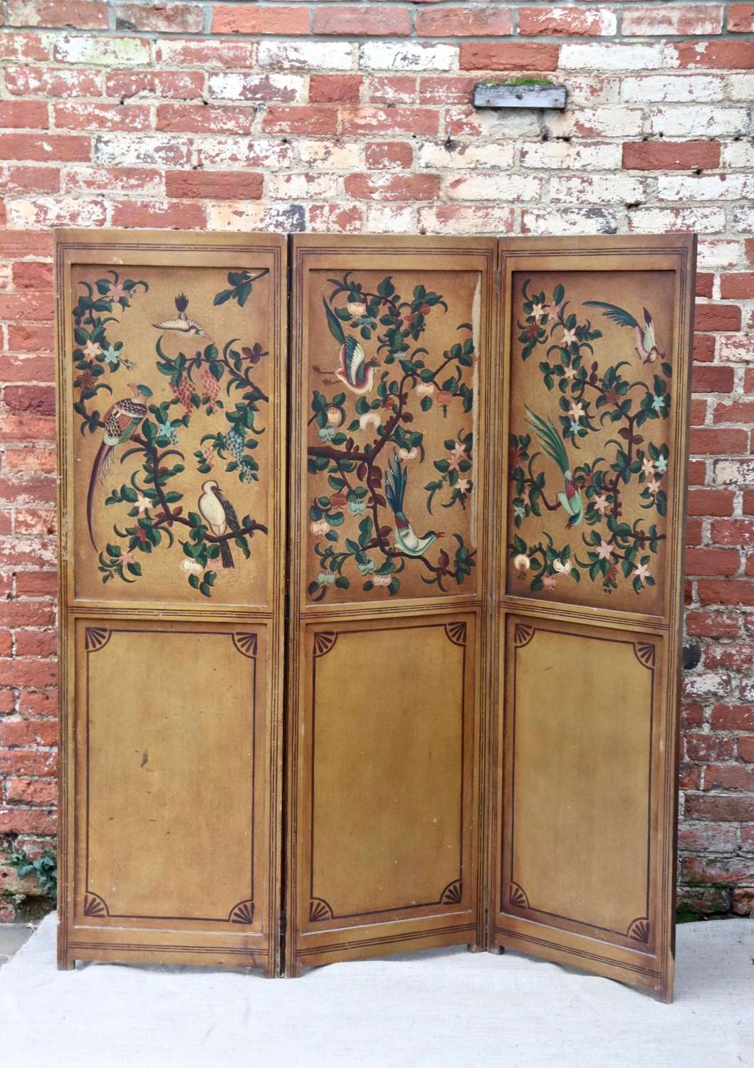 Mid century three panelled screen depicting birds and flowers