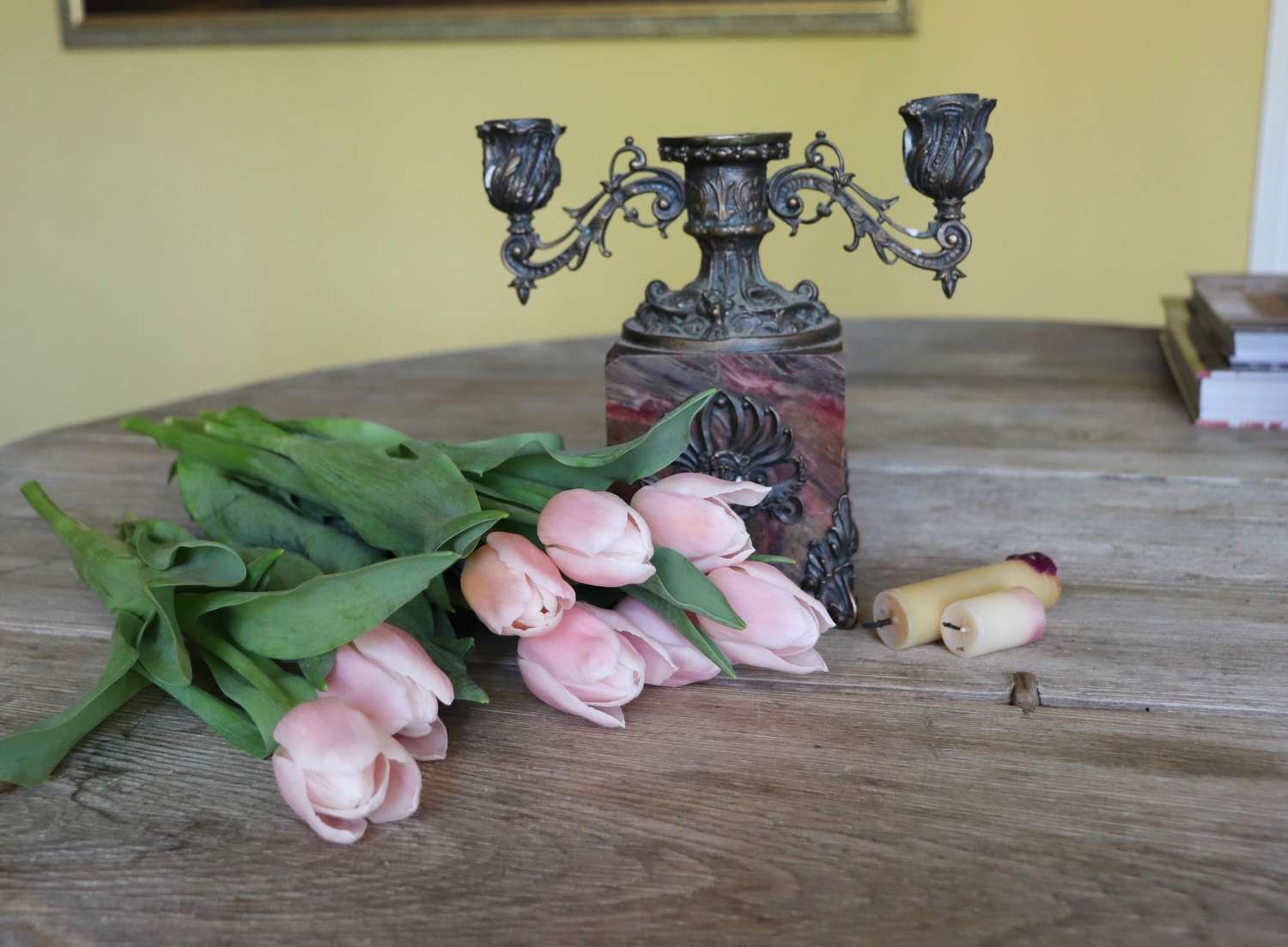 Early 20th century candelabra on pink stone (marble) base