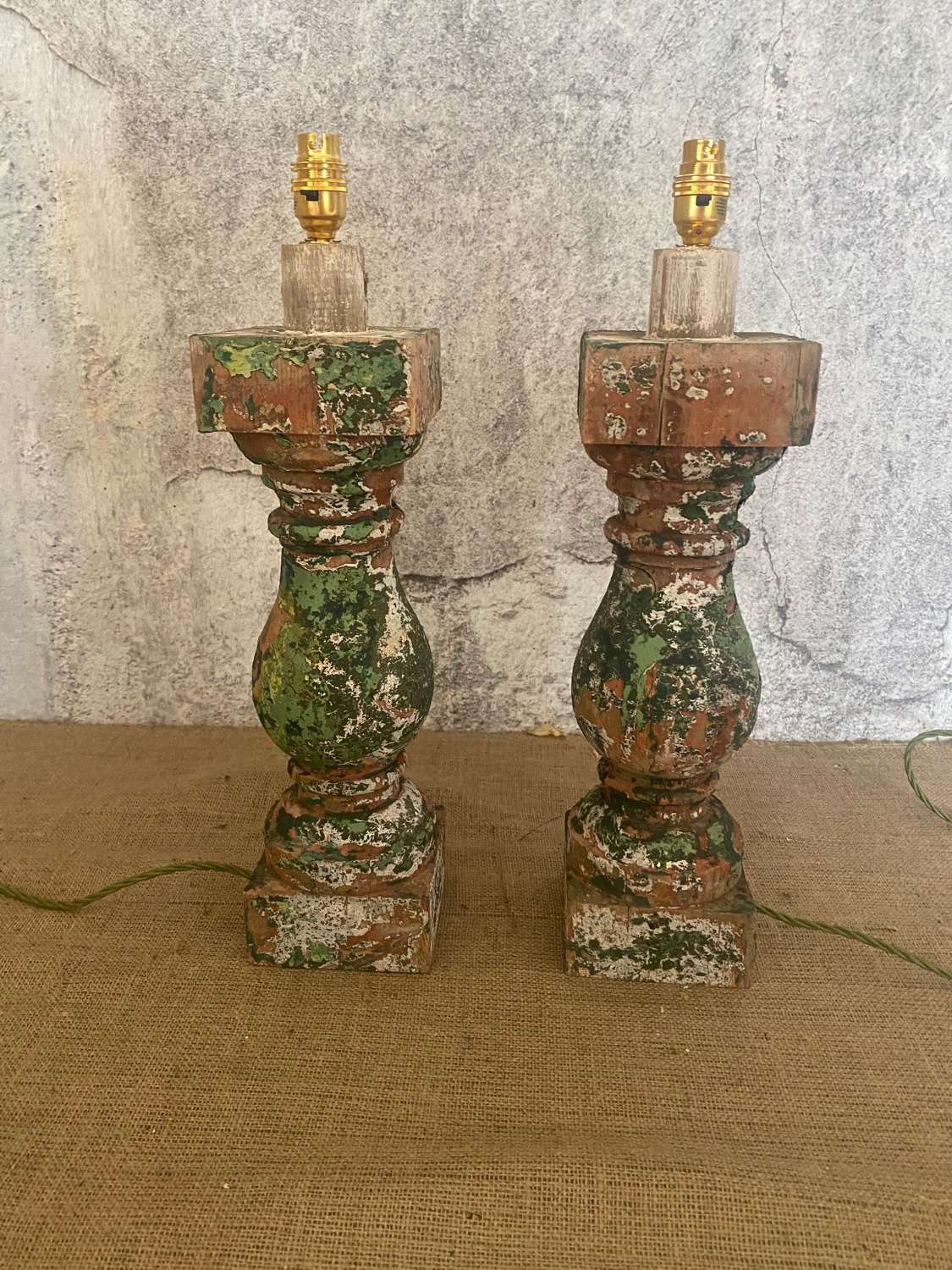 Pair of lamps made from antique balustrades with original paint