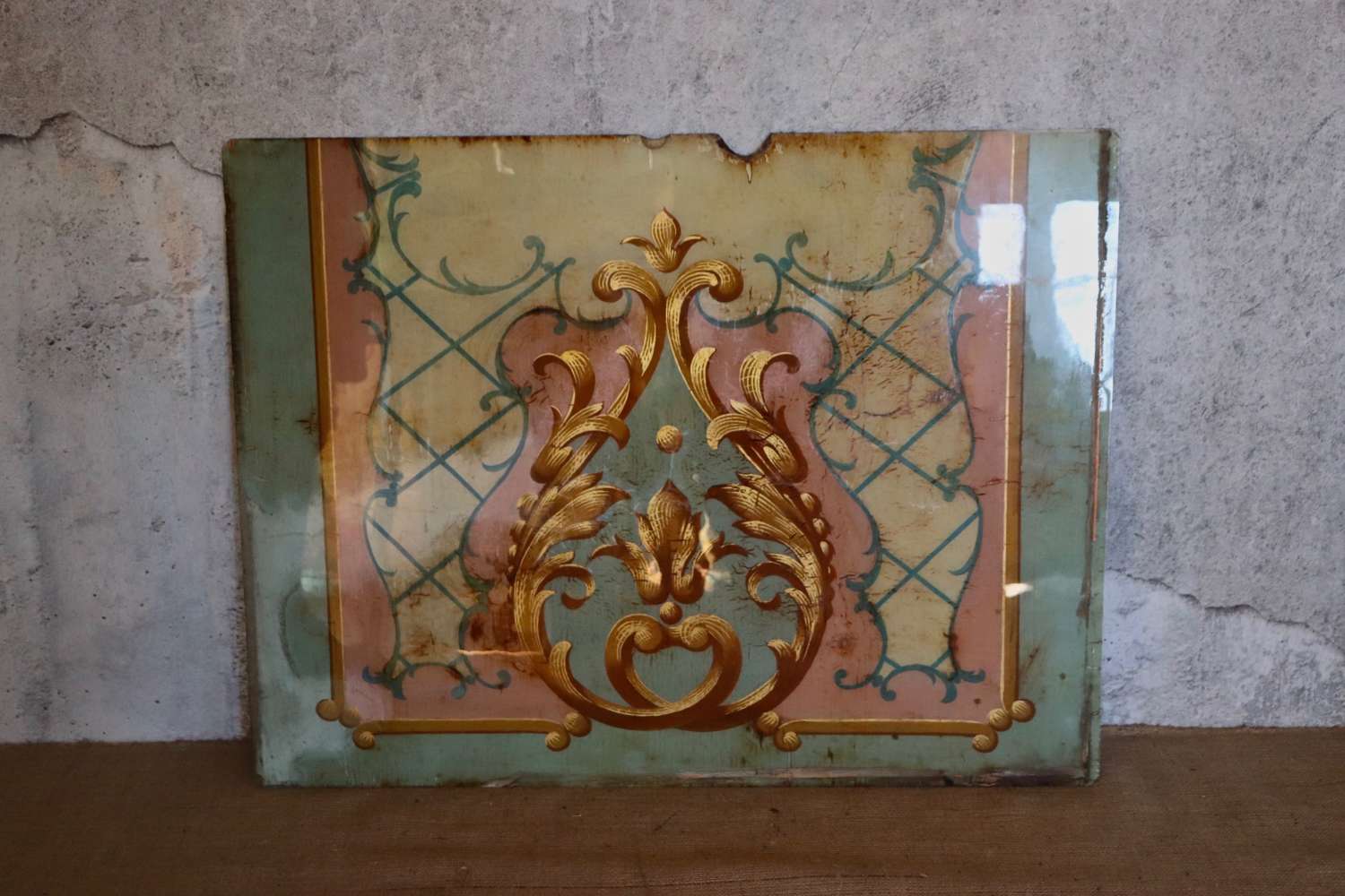 Early 20th century glazed panel over antique wallpaper