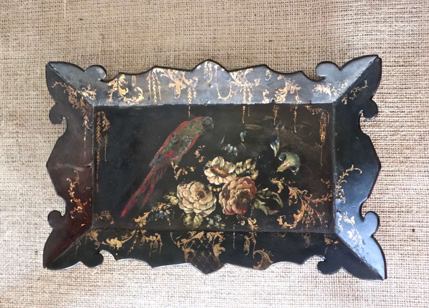 19th century scalloped tray depicting a parrot and flowers