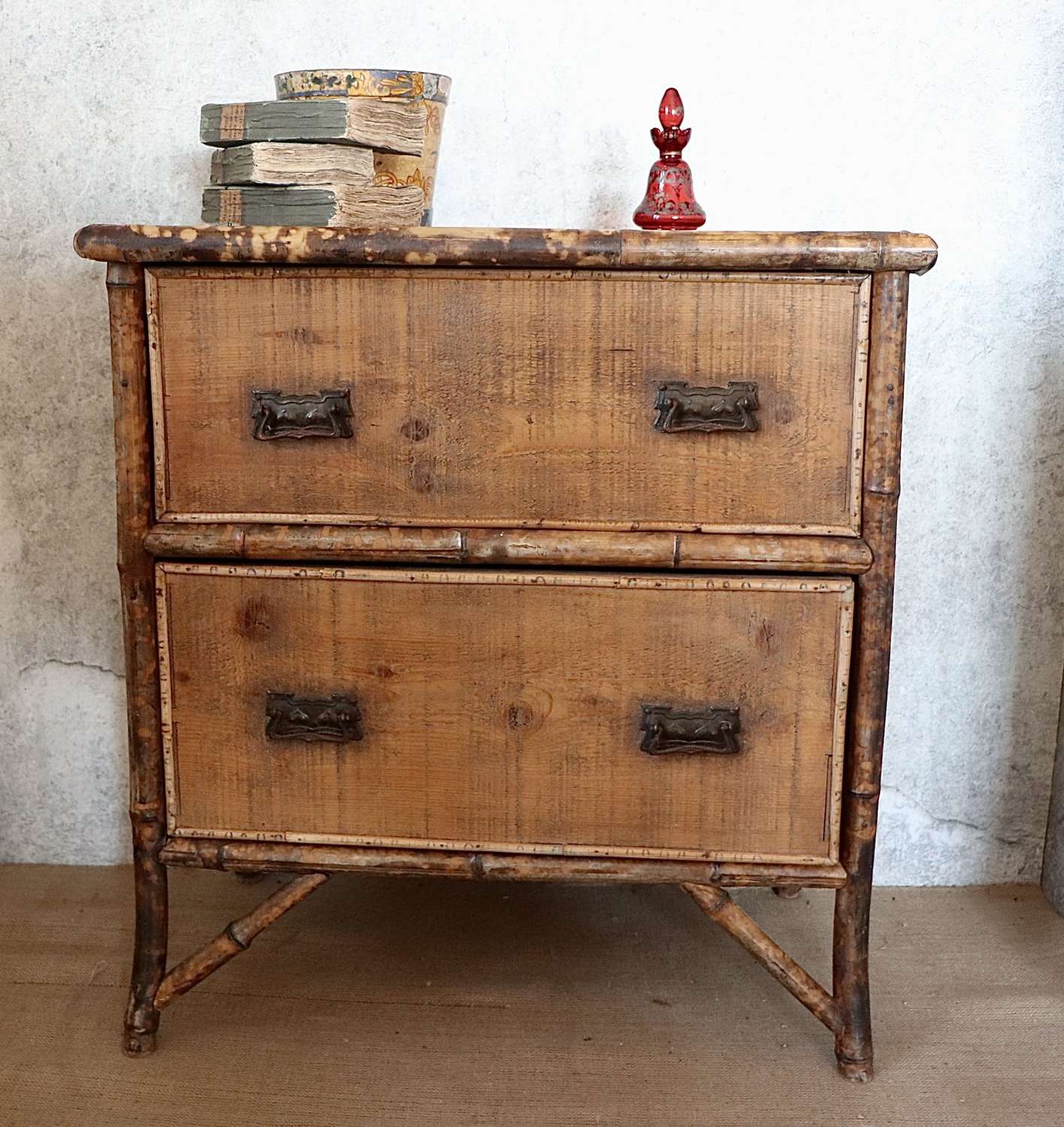 1930s bamboo and pine chest of two drawers