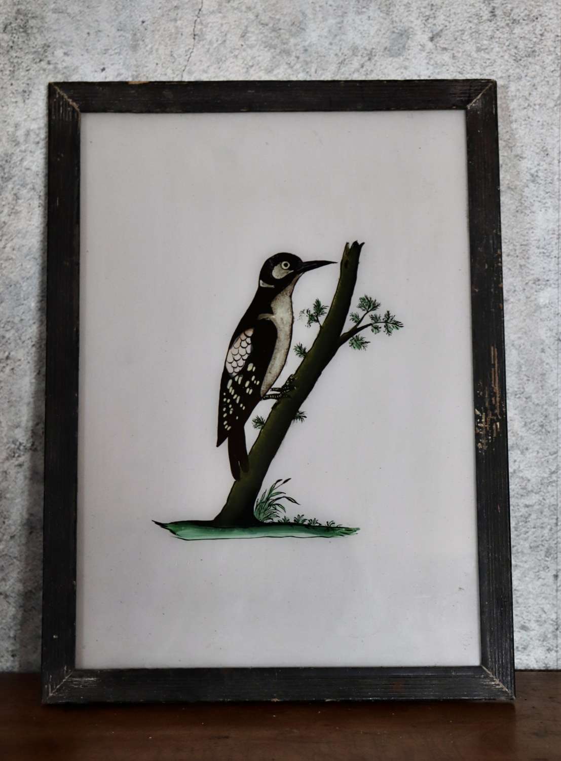 Indian reverse glass painting of woodpecker