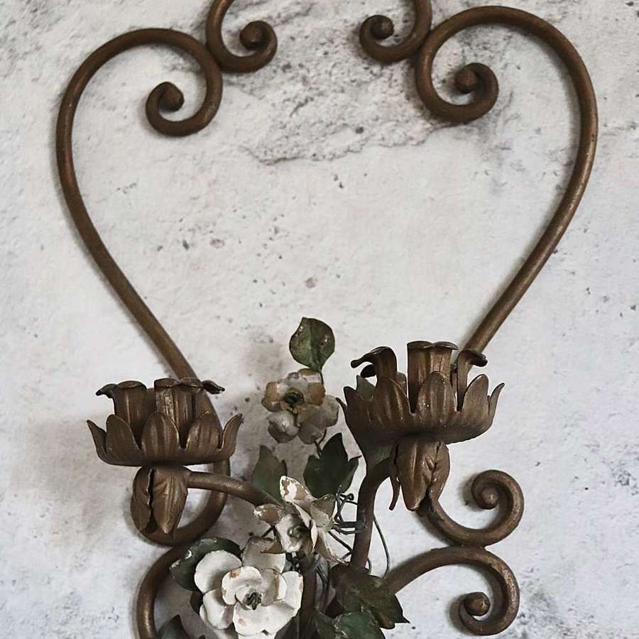 Pair of mid century toleware sconces with flowers