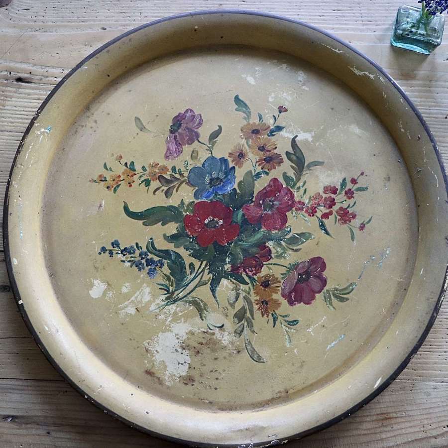 Mid century yellow and floral toleware tray
