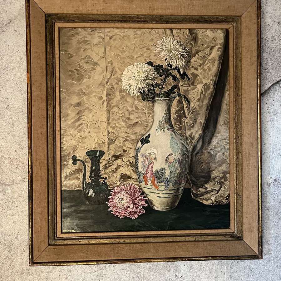 Signed still life of Oriental vase and flowers