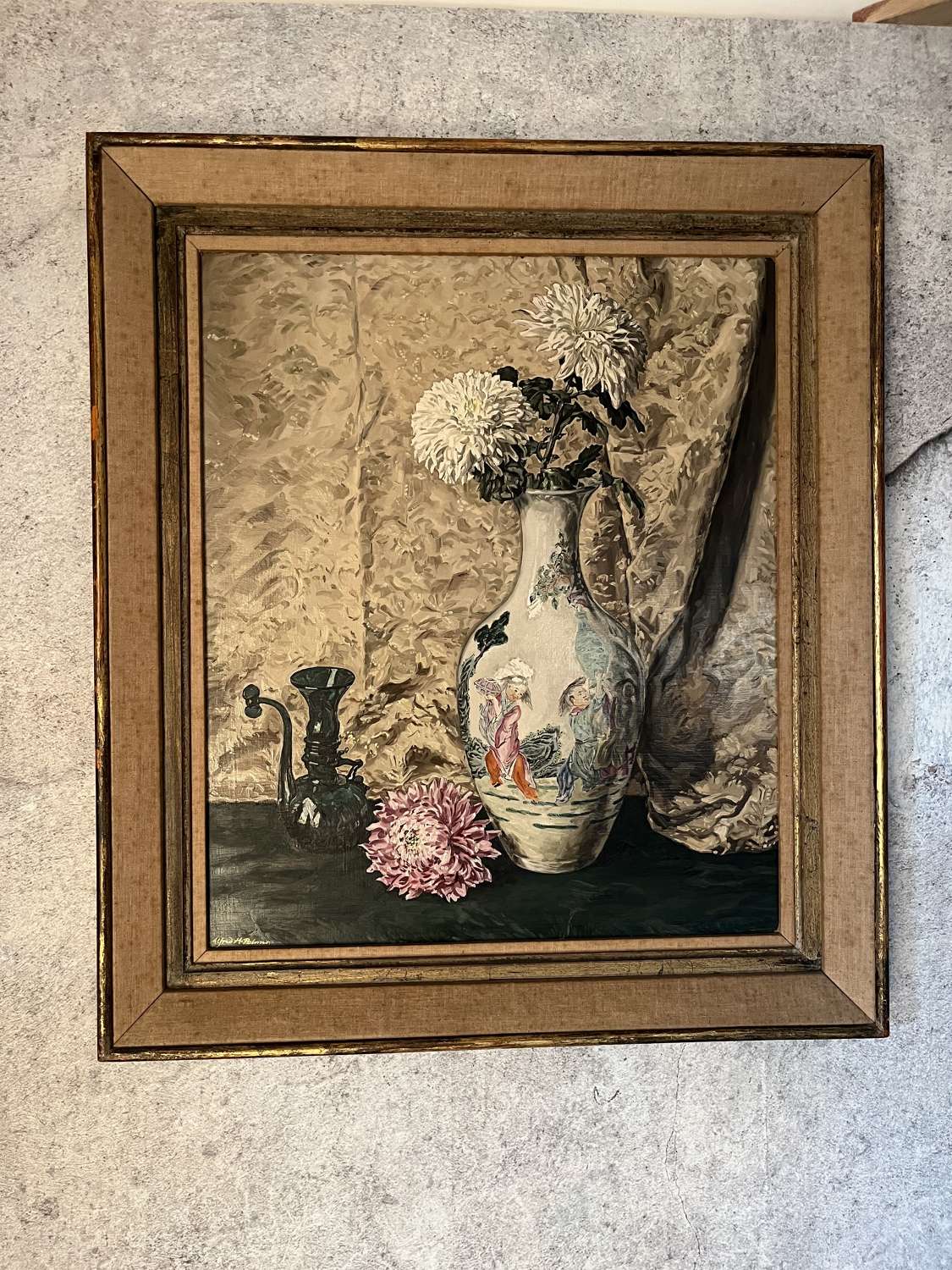 Signed still life of Oriental vase and flowers