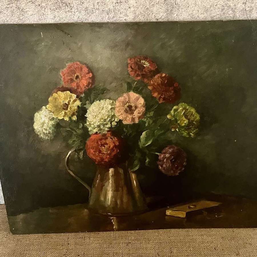 Mid century floral oil painting on board