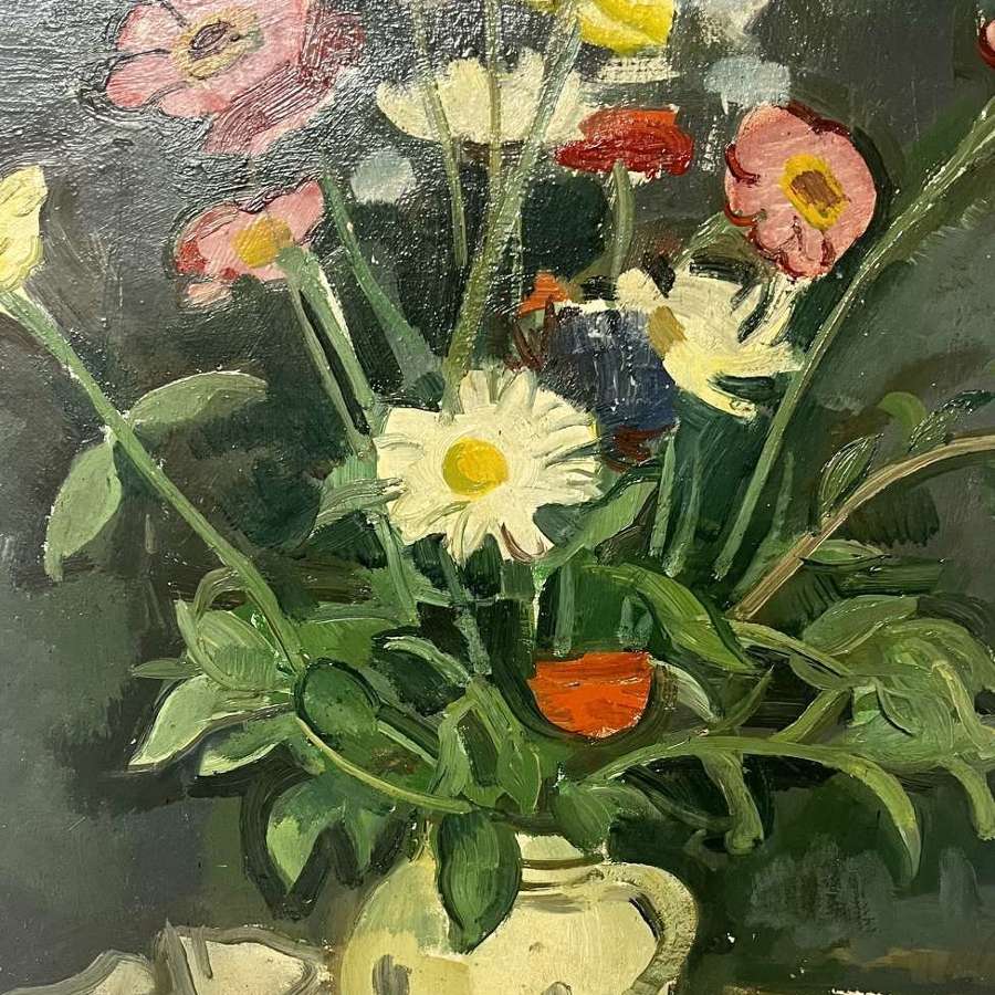 Vibrant floral mid century oil painting on canvas