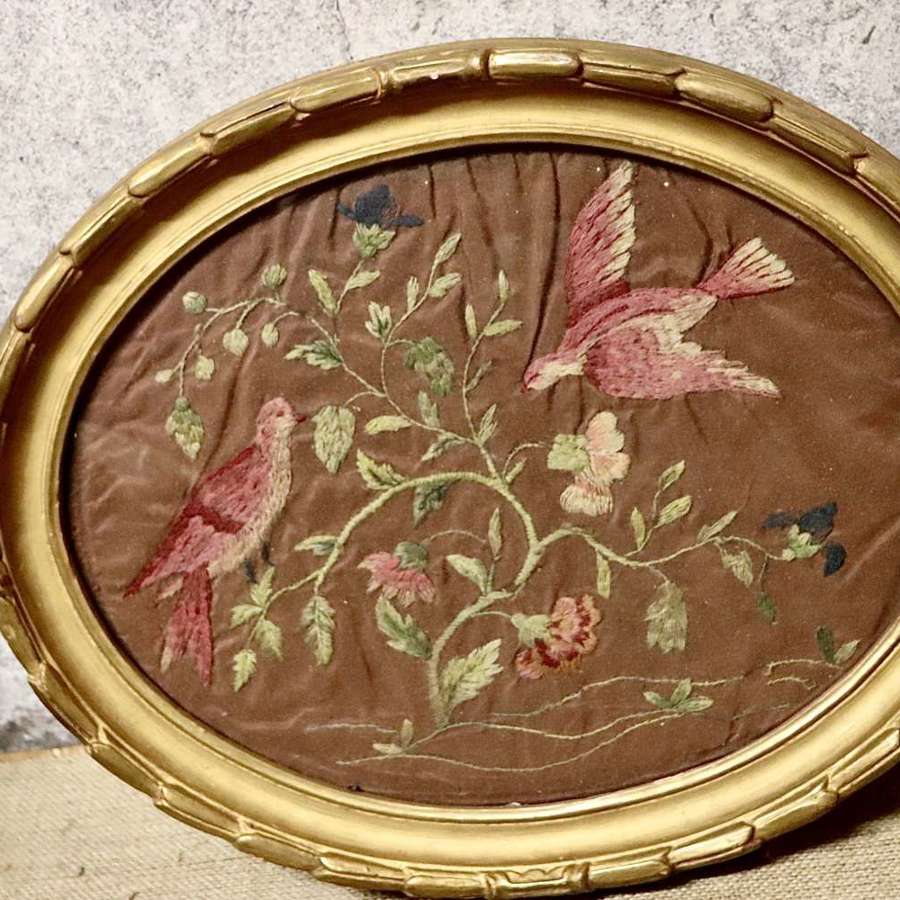 Silk picture of birds and flowers in gilt frame