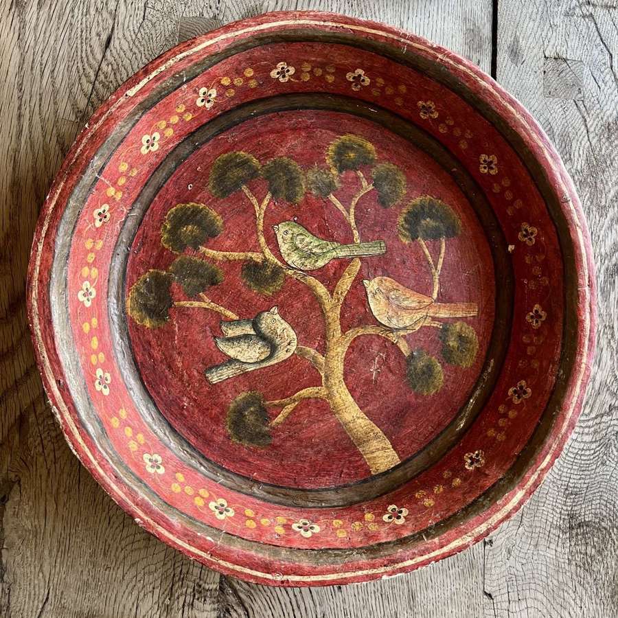 Antique Indian bowl with three painted birds.