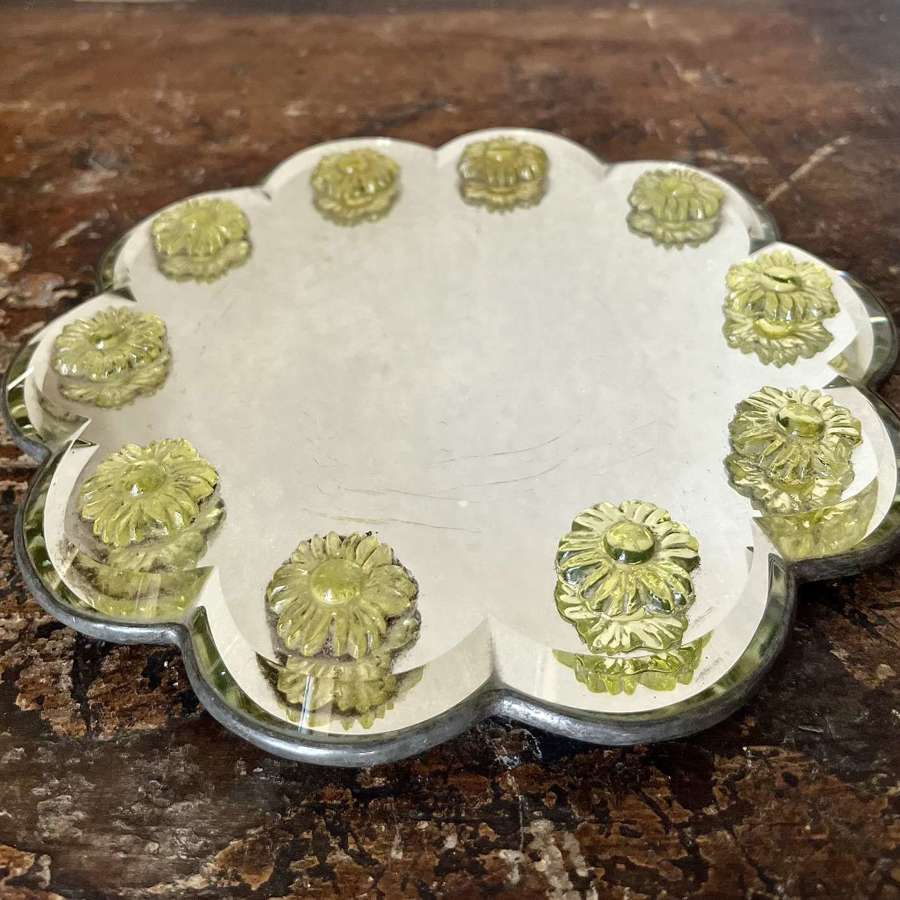Mid century frameless table mirror with green glass flowers