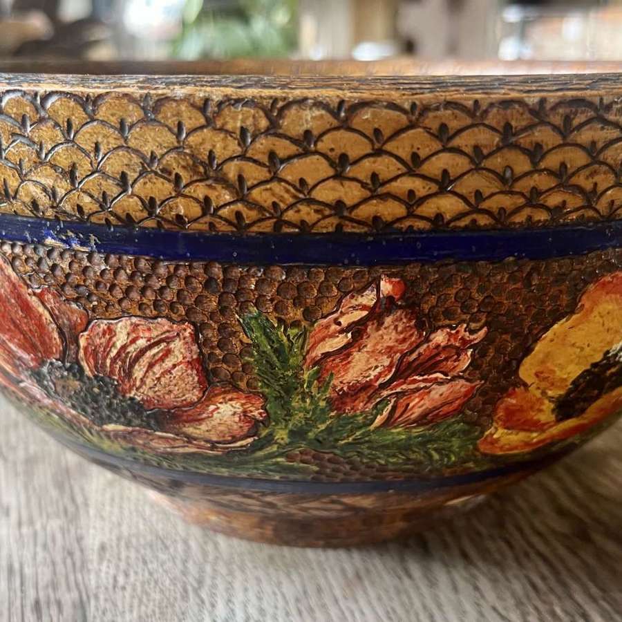 Art Deco florally painted wooden bowl